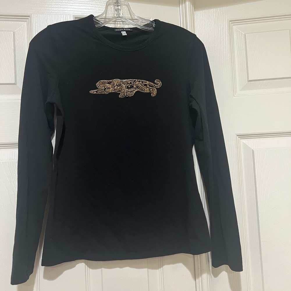 Krizia Jeans Black Jersey Material‎ Strechy Cotton Leopard Logo Tunic Top